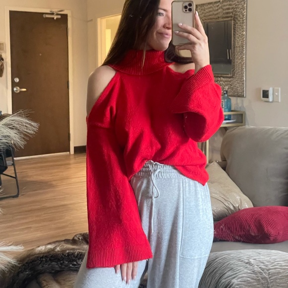 Honey Punch Sweaters - Red turtleneck cold shoulder sweater